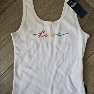 Hollister White Ribbed Tank with Rainbow "Love" Script